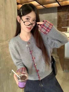 Soft Cozy Plaid Splicing Knitted Cardigan Womens Autumn Winter Inner Wear Grey Shoulder Level Top Long Sleeve round Neck Button up
