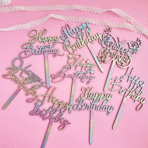 Happy Birthday Cake Topper Glitter Wooden Cake Topper Gradient Color Birthday Topper Birthday Cake Decoration Supplies