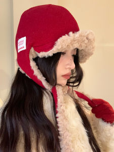 New Year Christmas Red Plush Ear Warmer Hat Womens Warm Face Slimming Headscarf Tie Cap Anti-Cold Full Coverage Hat