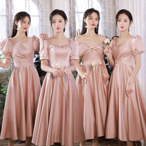 ชุดราตรีผ้าซาตินสีชมพู ชุดการแสดงสำหรับน้องสาว ชุดยาวปานกลาง ชุดแต่งงาน ชุดราตรี ชุดทำงาน ชุดทำงาน ชุดทำงาน