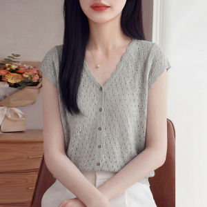 SHEHAN | Beautiful Lace V-Neck Regular Shoulder Slim Fit Knitted Short Sleeve Top for Petite