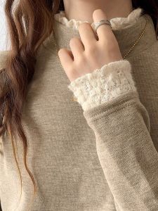 Slim Fit Long Sleeve Lace Base Shirt Womens Inner Wear Half High Collar Spring Autumn Winter Slimming Design Top Korean Style Knitted T-shirt