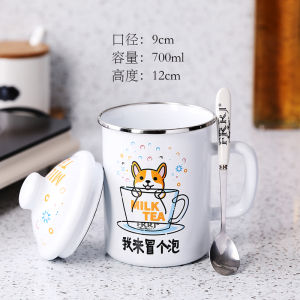 Enameled Mug Chinese Style with Lid Cute Creative Expression Milk Tea Cup Couple Home Use Water Cup Personalized Design