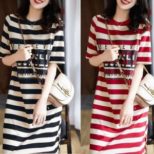 Summer Striped Print Loose Fit T-shirt Dress Kimono Style Short Sleeve Midi Skirt for Female Students Comfortable Milk Fiber Clothes