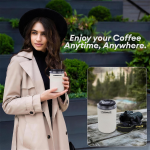 Vermax Coffee Tumbler Double Wall Vacuum Insulated Coffee Mug Leak Proof Portable Steel Liner Portable Carrying Strap