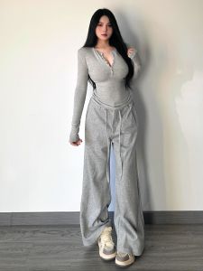 High Waist Wide Leg Casual Pants Womens Spring Autumn Long Cuff Slimming Sports Drawstring Sweatpants Casual Trousers