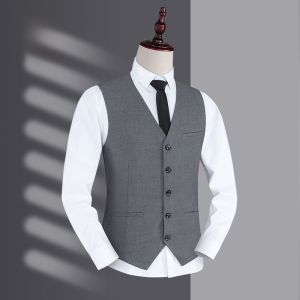 ROMON | Lormen Mens Business Casual Wedding Groomsmen Workwear Vest Slim Fit Polyester Blend No-Button Pure Color Professional Suit