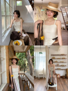 NIHAOKANONG | Áo Thun Knit Cổ Vuông Dây Đai Siết Eo