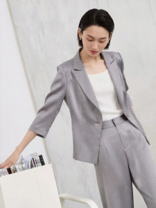 LANDI | Shimmer Satin Silver Gray Slim Fit 3/4 Sleeve Womens Suit Jacket