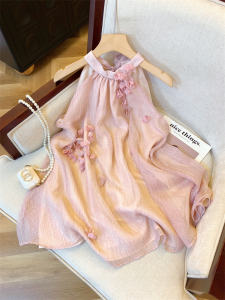 French Style Pink Polka Dot Chiffon Top for Women Sleeveless Collarless Chemise Patterned Tank Dress Belly Covering Top for Girls