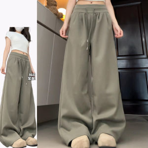 Quần Nỉ Thể Thao Màu Xanh Quân Đội Phong Cách Mỹ Cho Nữ Quần Ống Rộng Cạp Vừa Dáng Rộng Dáng Suông Quần Dài
