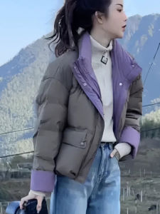 Puffer Jacket Womens Short Loose Thickened Stand Collar Color Block Autumn Winter Warm Bread Style Coat Korean Version Commute