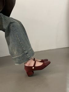 French Style Mary Jane Shoes Womens Fall 2023 Elegant Patchwork Square Head Thick Heel Single Shoes Commuting Slip-On Shoes