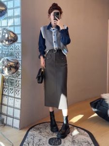 Korean Style High Waist Denim Patchwork Shirt And Skirt Two-Piece Set Autumn Fashion Womens Cotton Blend Outfit