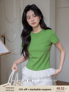 Áo Thun Cổ Tròn Viền Ren Xanh