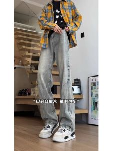 กางเกงยีนส์ทรงตรงชายสไตล์อเมริกันย้อนยุค กางเกงขายาวทรงหลวมเอวกลาง ดีไซน์สตรีทไฮสตรีท ทรงหลวม กางเกงยีนส์ทรงตรง