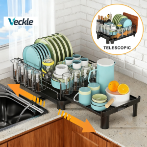 Veckke 【Scalable】Dish Drying Rack with Drainer Plates Bowls Orgainzer Rack Kitchen Plates Storage Rack with Cup Holder