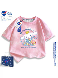 Cute Short Sleeve Cotton T-Shirt for Girls NASA over Cartoon Print Loose Fit Summer Childrens Wear Pure Cotton Breathable Top