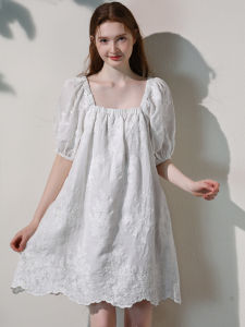 Miccbeirn | New Heavy Embroidery Cotton Linen Dress Slimming French Bubble Sleeve Artistic White A-Line Doll Dress Commute Style Summer Dress