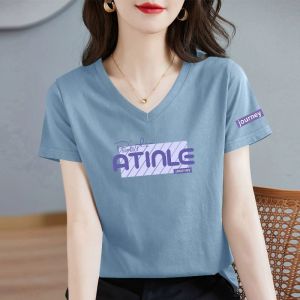 Áo Thun Cotton Tay Ngắn Cổ Chữ V in Họa Tiết Thời Trang Mùa Hè Cho Nữ Áo Thun Rộng Rãi Thoải Mái Mặc Đi Làm