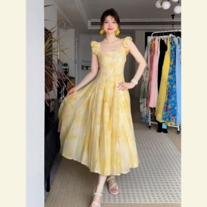 SHANGSHA | Elegant Rich Resort Style Yellow Flower Print Dress