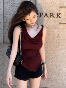 Áo Vest Không Tay Màu Đỏ Rượu Vang Cổ Không Đều Cho Nữ Mùa Hè Pure Desire Show Shoulder Waist Slimming Short Top