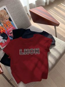 Wine Red Short Sleeve Top Womens Summer Slim Fit Cotton T-Shirt Korean Style Commute Print Youthful Design round Neck Short Length