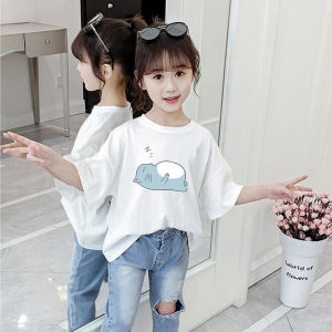 Áo Thun Cotton Trắng Cho Bé Gái Dáng Rộng Tay Ngắn Mùa Hè Phong Cách Hàn Quốc Cổ Tròn in Họa Tiết Hoạt Hình