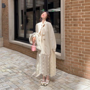 Beige Floral Embroidery Vest Dress Set Womens Spring Autumn French Style Skirt Casual mid Soft Polyester A-Line Dress