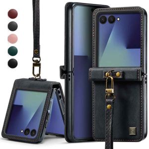 Leather Case for for Samsung Galaxy Z Flip 8/7/6/5 Retro Matte Premium PU Case & Durable PC Inner Shell with Detachable Lanyard Wrist Strap Slim Protective Cover for Z Flip 8 for Men Women - Black