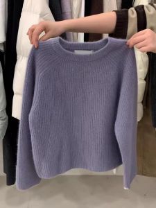 Purple Knitted Sweater Womens round Neck Bear Velvet Soft Lazy Overhead Winter Fashion Commute Solid Color Long Sleeve Loose Fit