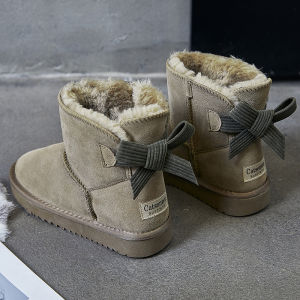 Winter Short Fur Lined Leather Snow Boots Womens Butterfly Knot Warm Anti-Slip Cotton Shoes Sweet Style round Toe Flat Heel