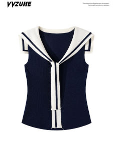 เสื้อกั๊กแขนกุดคอปกสีน้ำเงินสำหรับผู้หญิง ทรงสลิมฟิต ช่วงฤดูร้อน ลายทาง สีตัดกัน เสื้อชั้นในสีพื้น เสื้อกั๊กแขนกุด