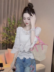 Womens Loose Long Sleeve Knitted Sun Protection Top Breathable Hollow Hook Flower Design Summer New Style Vintage Lazy Shirt