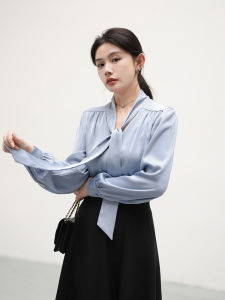 Gray Blue French Style Butterfly Knot Sash Womens Shirt YSJX Spring 2024 New Small Audience Design Sense Top Polyester