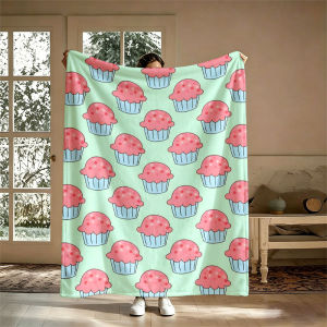 BILIBILI | Bánh Cupcake Màu Hồng & Chăn Flannel Kẻ Ô Màu Bạc Hà 100% Polyester Lông San Hô Phong Cách Hiện Đại Dùng Cho Ghế Sofa Văn Phòng Giường Ngủ Du Lịch Cắm Trại - Sử Dụng Được Quanh Năm
