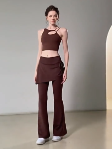 Celana Rok Kerut Flare Palsu 2 in 1 High Waist Angkat Bokong Celana Yoga untuk Senam & Pilates Nyaman & Elastis