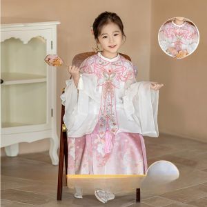 New 2024 Childrens Hanfu Set Girls Improved Tang Costume Spring Autumn Cloud Shoulder Traditional Chinese Style Princess Dress