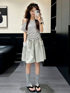 LIRUSHAN | Trendy Stripe Off-shoulder Top and Casual Shorts Set Summer Wear