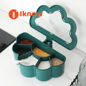 ฉันรู้ว่าห้องครัวอยู่ประกอบเข้ากล่องปรุงรสแบบบูรณาการและสร้างสรรค์ขวดเกลือโถเครื่องปรุงหลายตารางกล่องเครื่องปรุงในครัวเรือนพลาสติกสามสีให้เลือกพร้อมช้อนเครื่องปรุงรส