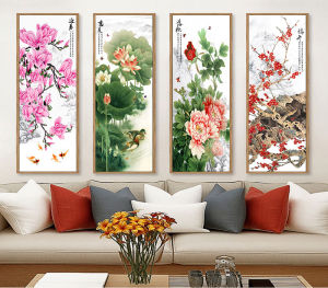 New Chinese Style Four-Panel Living Room Wall Art Decorative Painting Spring Summer Autumn Winter Seasonal Floral Landscape