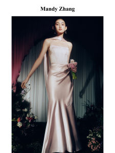 Luxurious Pink Acetate Satin Fishbone Bodice Floral Lace Dress