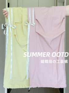 กางเกงทำงานทรงหลวมสไตล์อเมริกันสำหรับผู้หญิง กางเกงขายาวทรงหลวมสบาย ๆ บาง แห้งเร็ว สำหรับฤดูร้อน ปี 2024 กางเกงขายาวผูกโบว์สไตล์เกาหลี