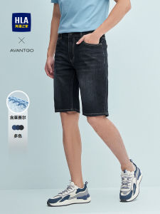 กางเกงขาสั้นทรงตรงเอวกลางผ้าเดนิมผสมลินินสำหรับผู้ชาย HLA ฤดูใบไม้ผลิและฤดูร้อน กางเกงขาสั้นทรงลำลองสำหรับผู้ชาย