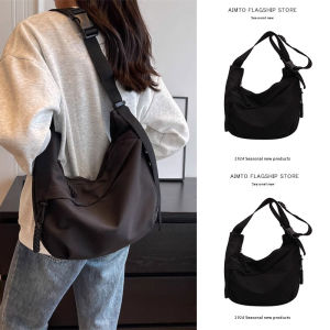 Crossbody Canvas Bag Womens Large Capacity Solid College Student Class Book Holding Tote Bag Leisure Commute Ins Shoulder Bag