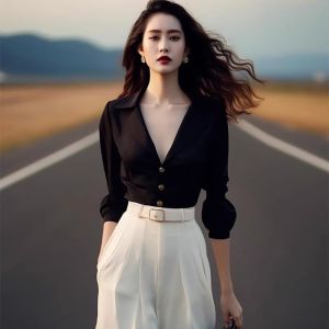 French Style Deep V-Neck Cuban Collar Acetate Satin Womens Shirt Spring New Arrival Luxury Sensation Slim Fit Short Length