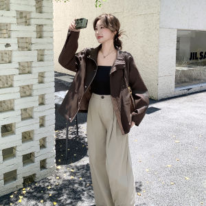 Brown Hong Kong Style Short Leather Jacket Womens Fashionable PU Coat Autumn New Arrival Large Female Personality