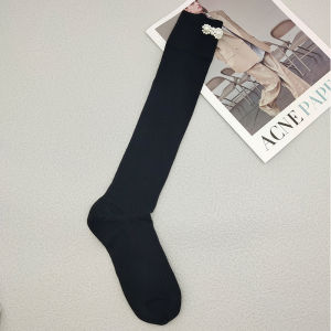 Handmade Pearl High Tube Socks Womens Mid-Calf Network Celebrity Style Black White Match Leather Shoes Socks Cotton Moisture Wicking