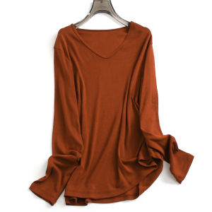 Pure Color Simple and Soft Comfortable Plaid V Neck Inner Bottoming Shirt Tops Fall and Winter New Arrival Long Sleeves Women T-shirt F542