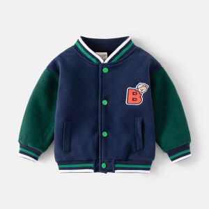 Thickened Fleece Inner Baseball Jacket for Boys Pure Color Casual Style Spring Autumn Season Zipper Closure Soft Cotton Blend